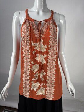 Embroidered Rust Orange Sleeveless Boho Top With Tassel Detail Size S